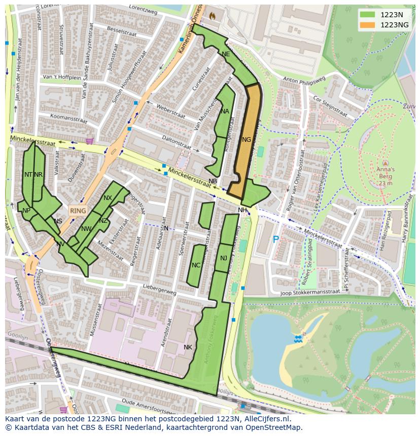Afbeelding van het postcodegebied 1223 NG op de kaart.