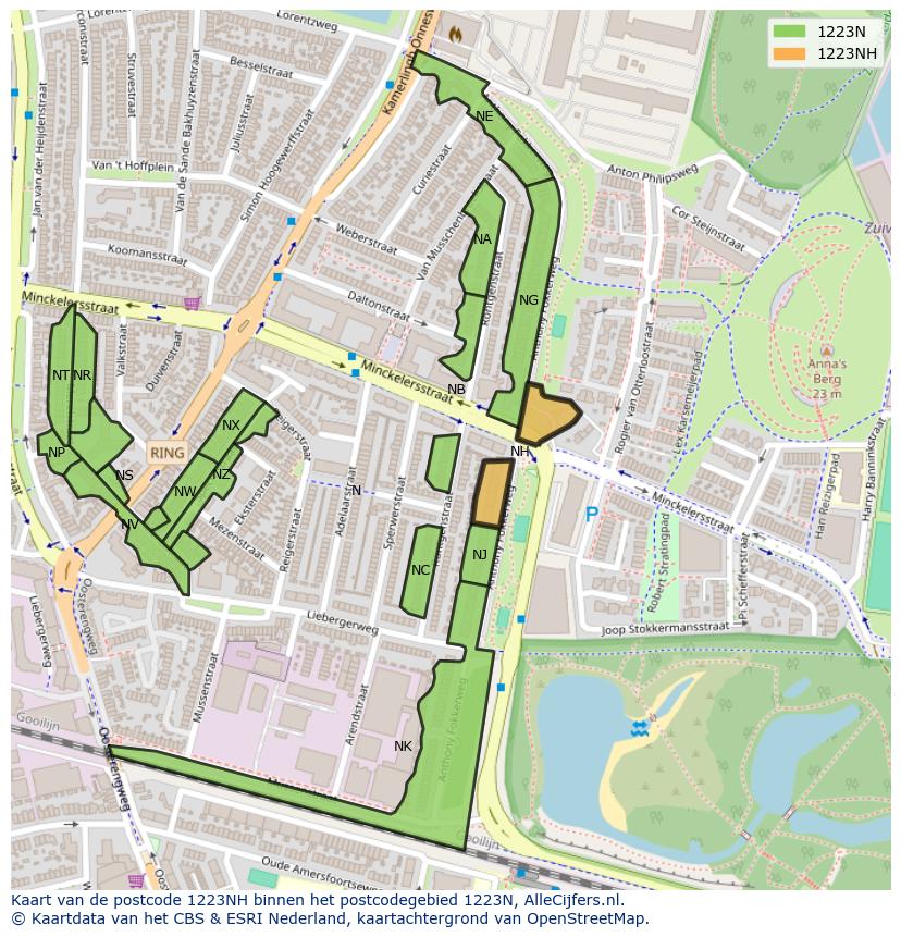 Afbeelding van het postcodegebied 1223 NH op de kaart.
