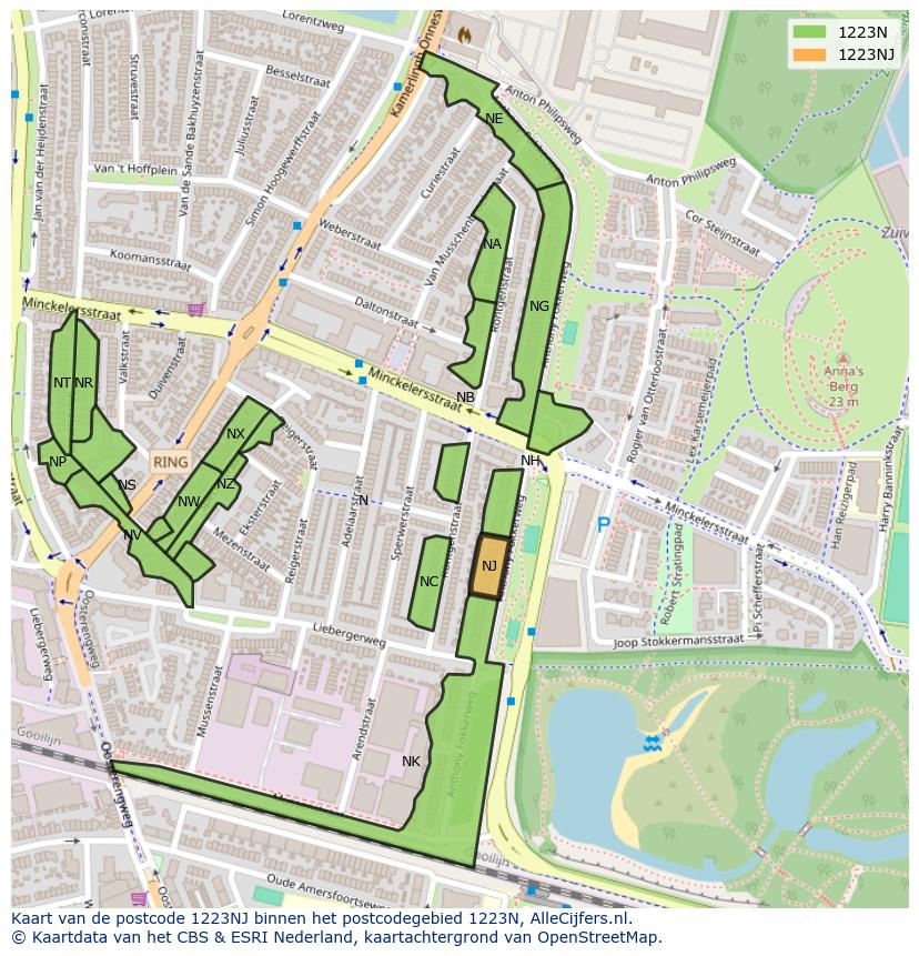 Afbeelding van het postcodegebied 1223 NJ op de kaart.