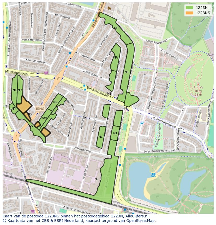Afbeelding van het postcodegebied 1223 NS op de kaart.
