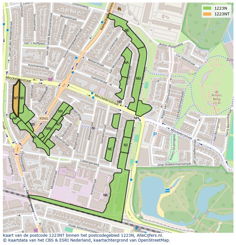 Afbeelding van het postcodegebied 1223 NT op de kaart.