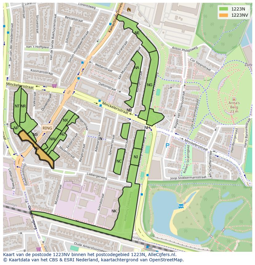 Afbeelding van het postcodegebied 1223 NV op de kaart.