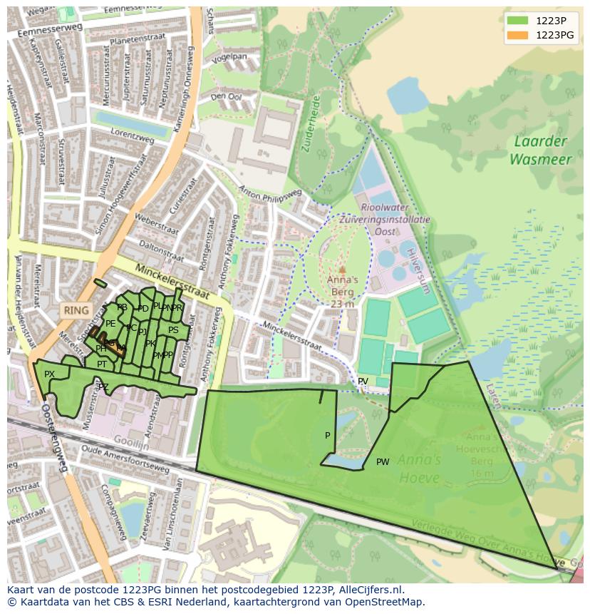 Afbeelding van het postcodegebied 1223 PG op de kaart.