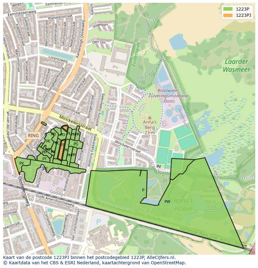 Afbeelding van het postcodegebied 1223 PJ op de kaart.