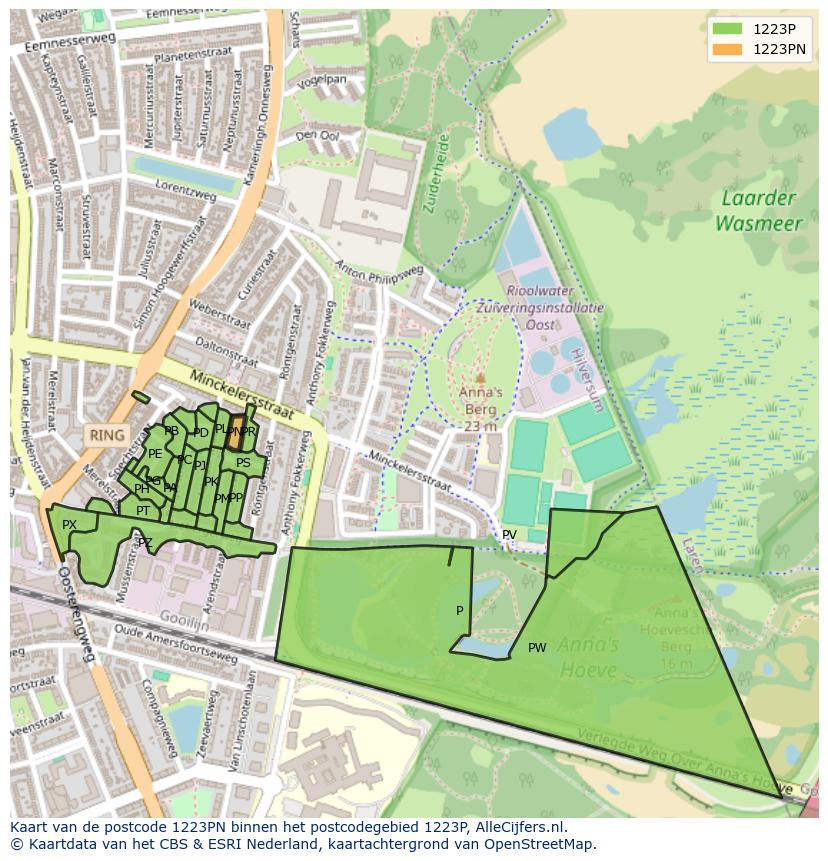 Afbeelding van het postcodegebied 1223 PN op de kaart.