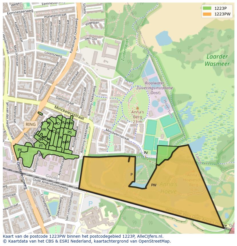 Afbeelding van het postcodegebied 1223 PW op de kaart.