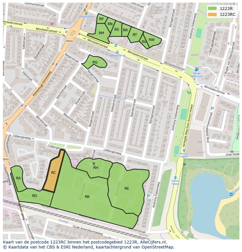 Afbeelding van het postcodegebied 1223 RC op de kaart.