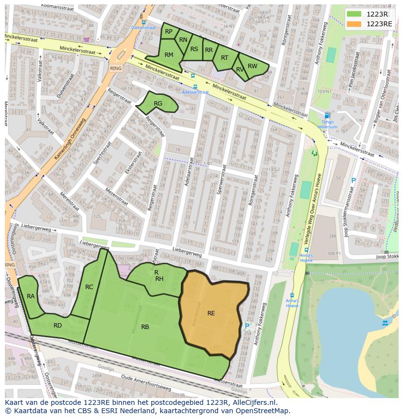 Afbeelding van het postcodegebied 1223 RE op de kaart.