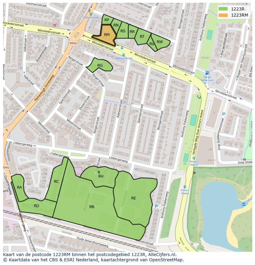 Afbeelding van het postcodegebied 1223 RM op de kaart.