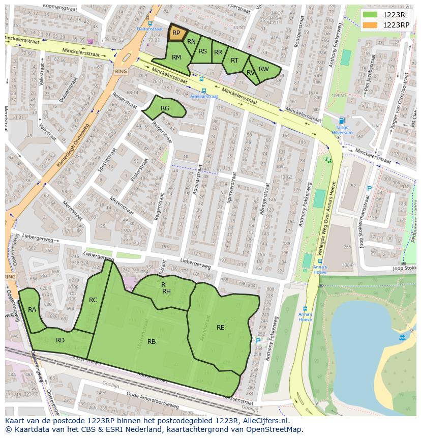 Afbeelding van het postcodegebied 1223 RP op de kaart.