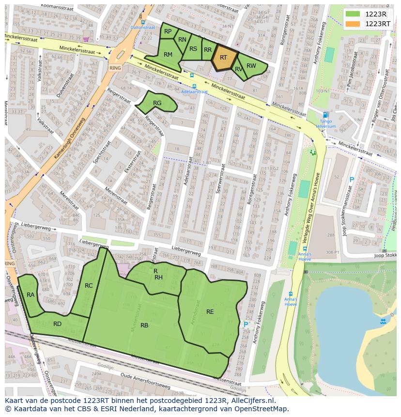Afbeelding van het postcodegebied 1223 RT op de kaart.