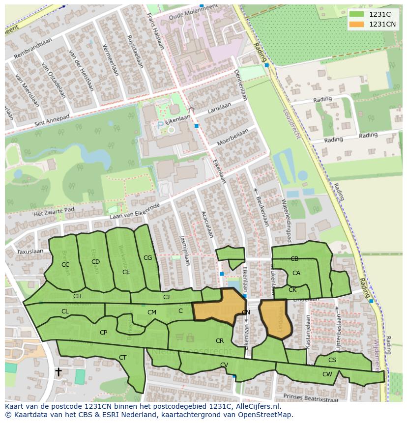 Afbeelding van het postcodegebied 1231 CN op de kaart.