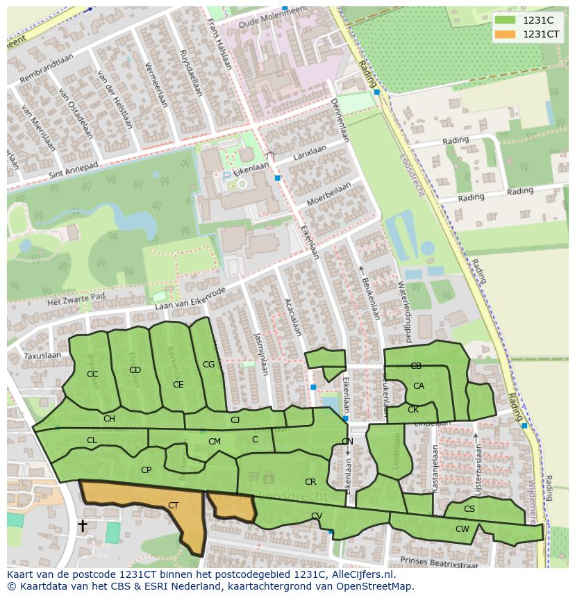Afbeelding van het postcodegebied 1231 CT op de kaart.