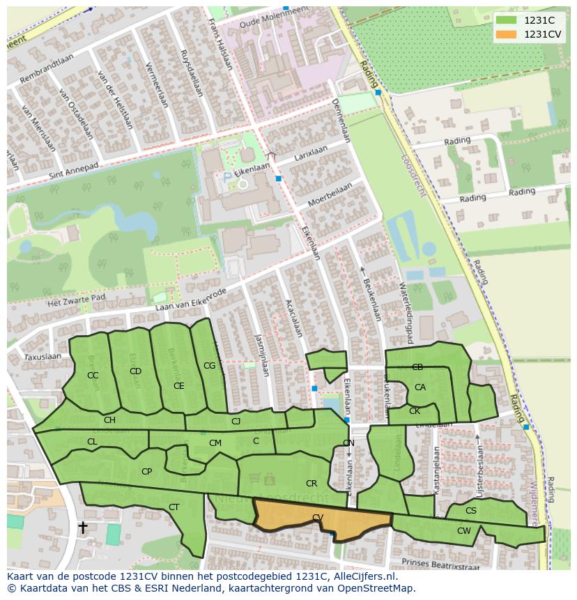 Afbeelding van het postcodegebied 1231 CV op de kaart.