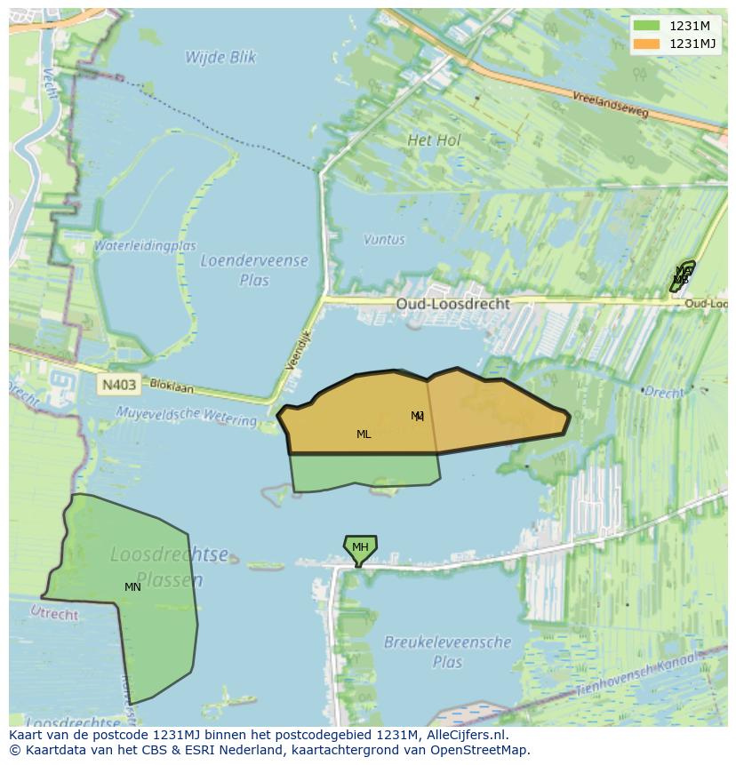 Afbeelding van het postcodegebied 1231 MJ op de kaart.