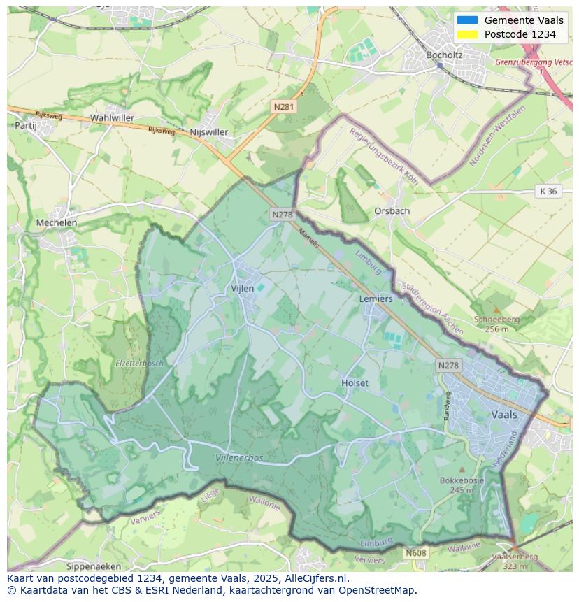 Afbeelding van het postcodegebied 1234 op de kaart.