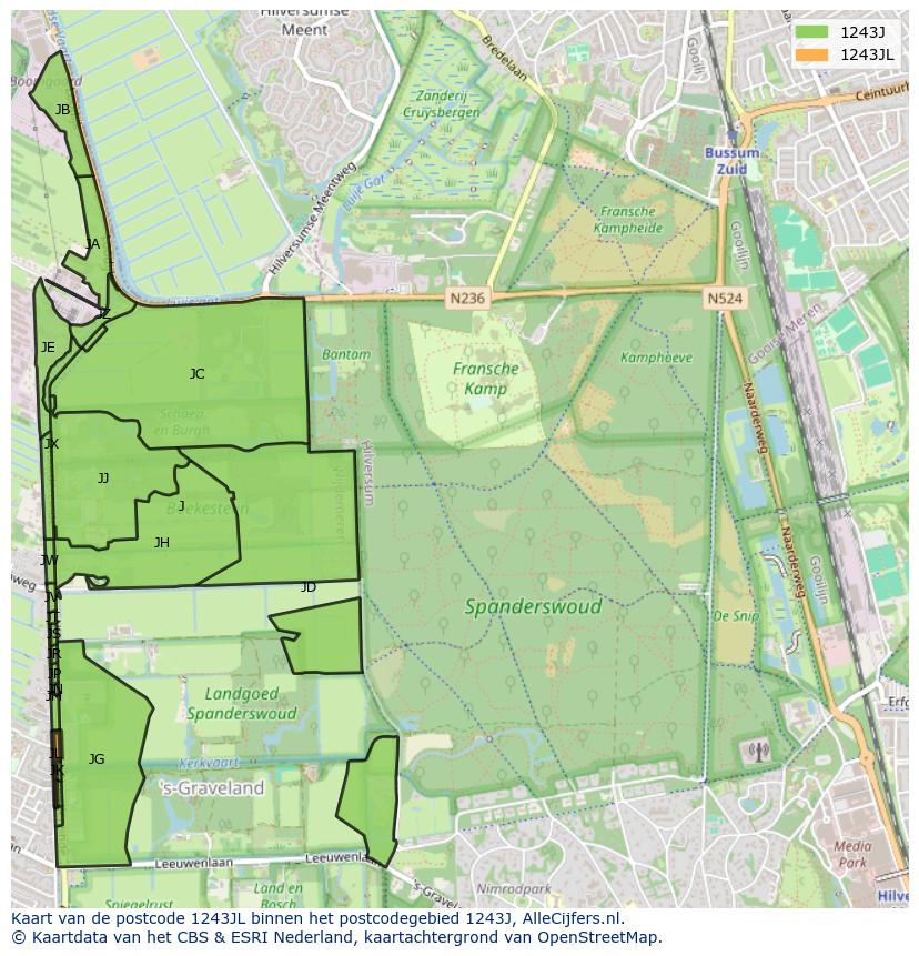 Afbeelding van het postcodegebied 1243 JL op de kaart.