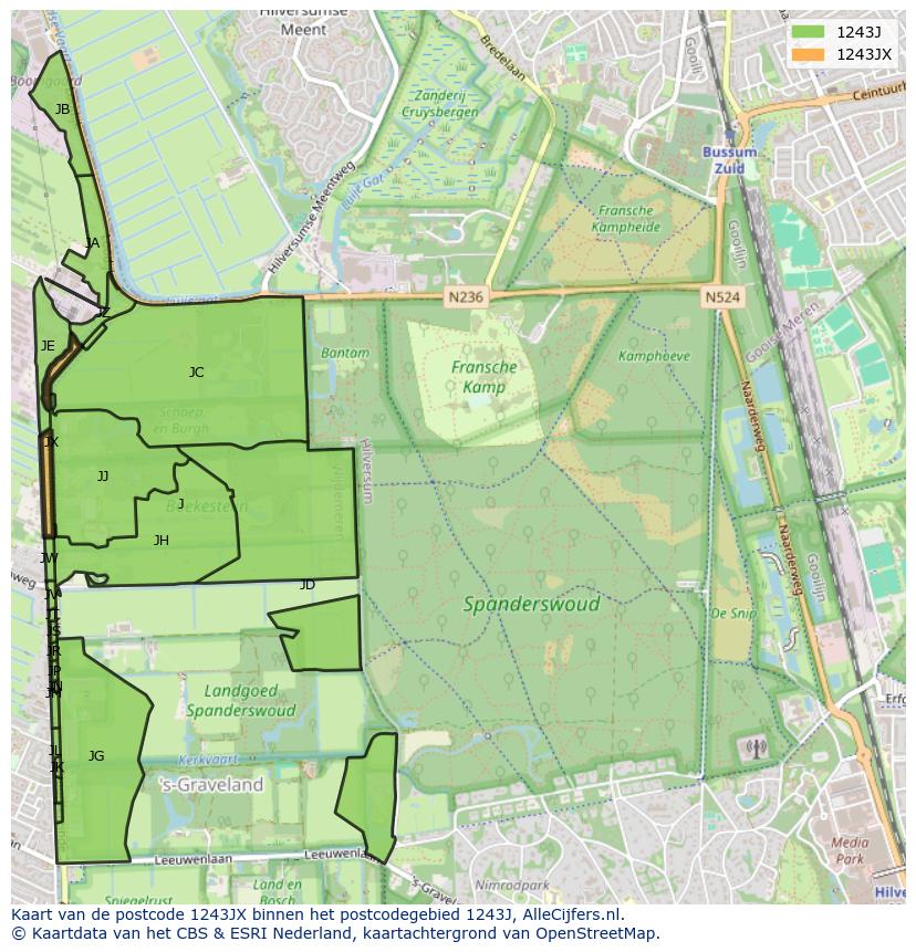 Afbeelding van het postcodegebied 1243 JX op de kaart.