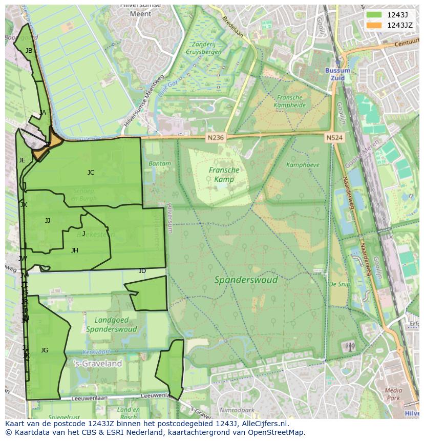 Afbeelding van het postcodegebied 1243 JZ op de kaart.
