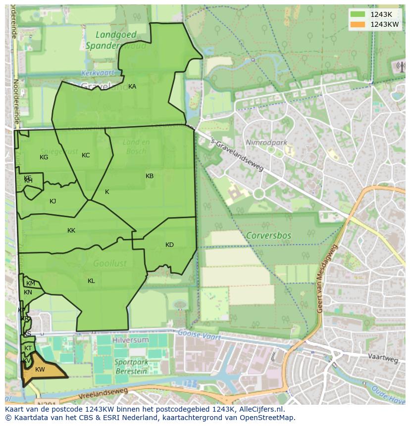 Afbeelding van het postcodegebied 1243 KW op de kaart.