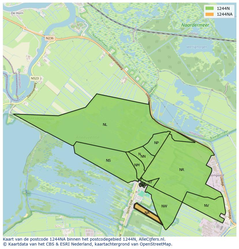 Afbeelding van het postcodegebied 1244 NA op de kaart.