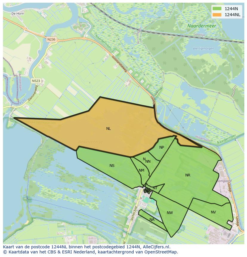 Afbeelding van het postcodegebied 1244 NL op de kaart.