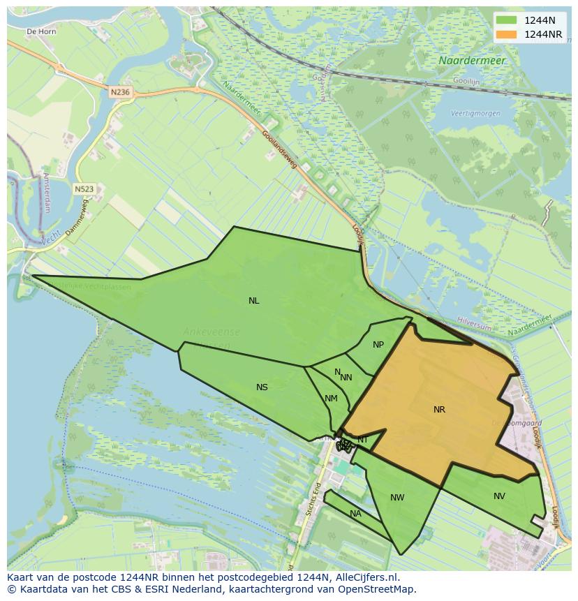 Afbeelding van het postcodegebied 1244 NR op de kaart.