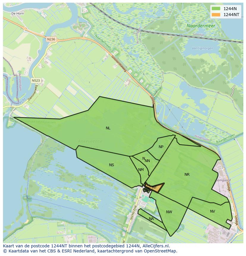 Afbeelding van het postcodegebied 1244 NT op de kaart.