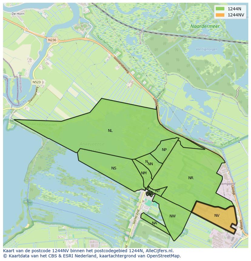 Afbeelding van het postcodegebied 1244 NV op de kaart.