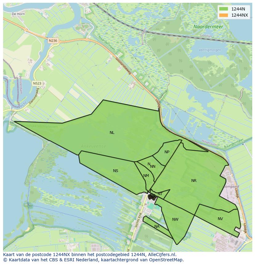Afbeelding van het postcodegebied 1244 NX op de kaart.
