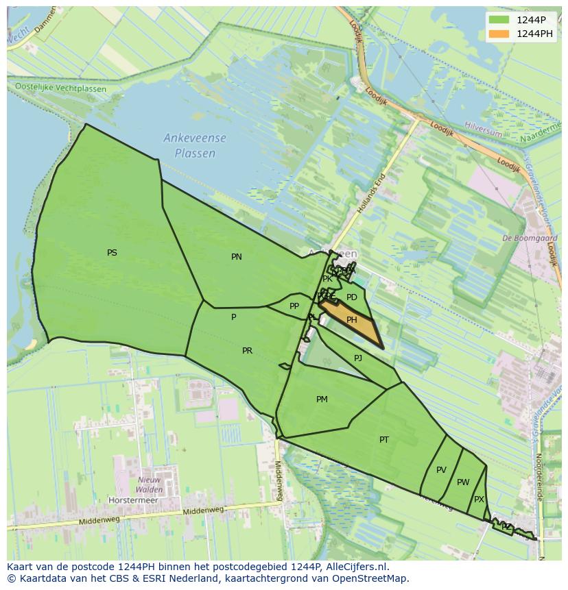 Afbeelding van het postcodegebied 1244 PH op de kaart.