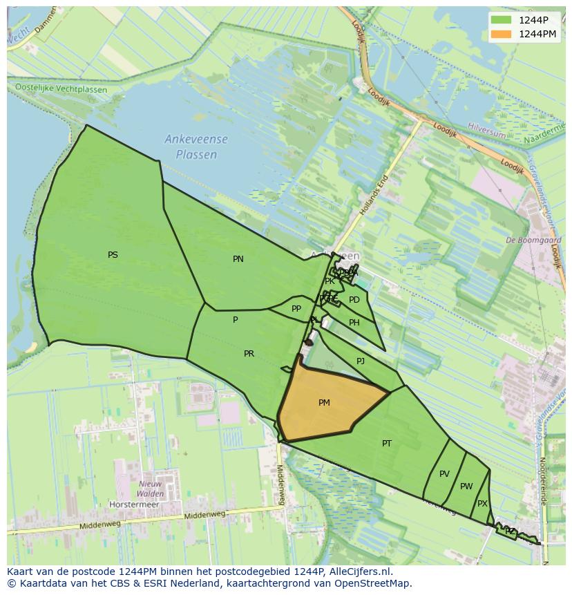 Afbeelding van het postcodegebied 1244 PM op de kaart.