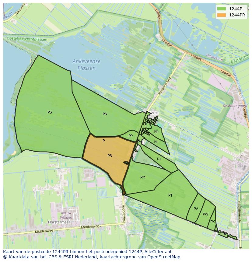 Afbeelding van het postcodegebied 1244 PR op de kaart.