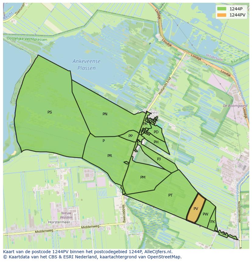 Afbeelding van het postcodegebied 1244 PV op de kaart.