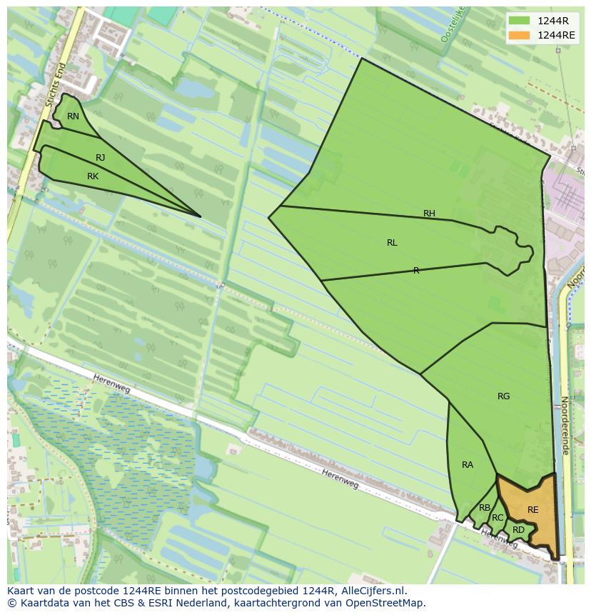 Afbeelding van het postcodegebied 1244 RE op de kaart.