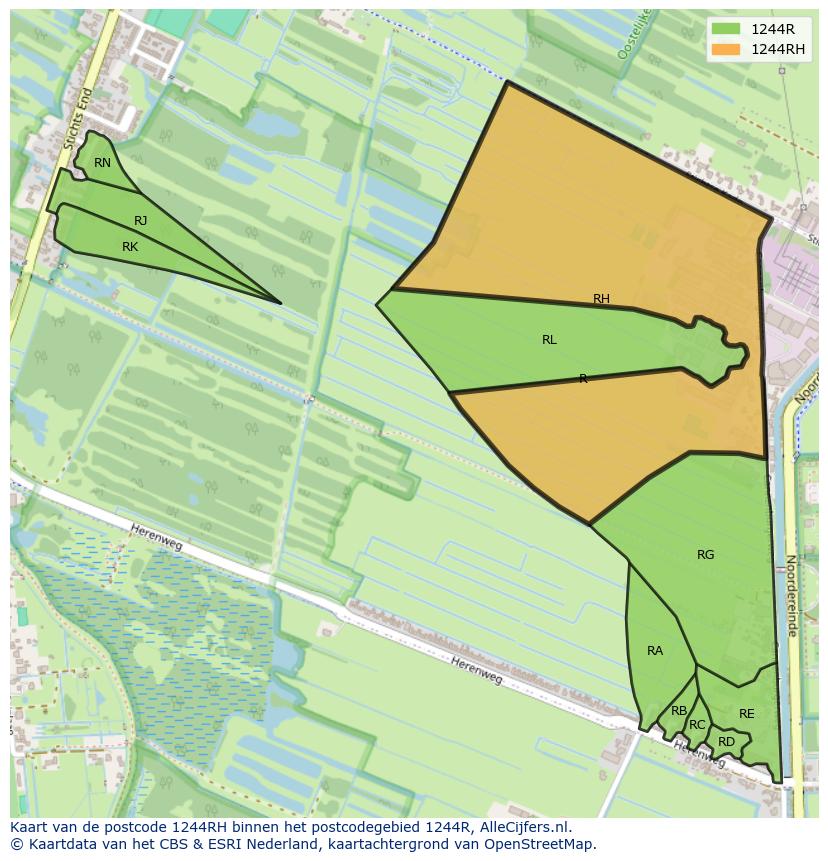 Afbeelding van het postcodegebied 1244 RH op de kaart.