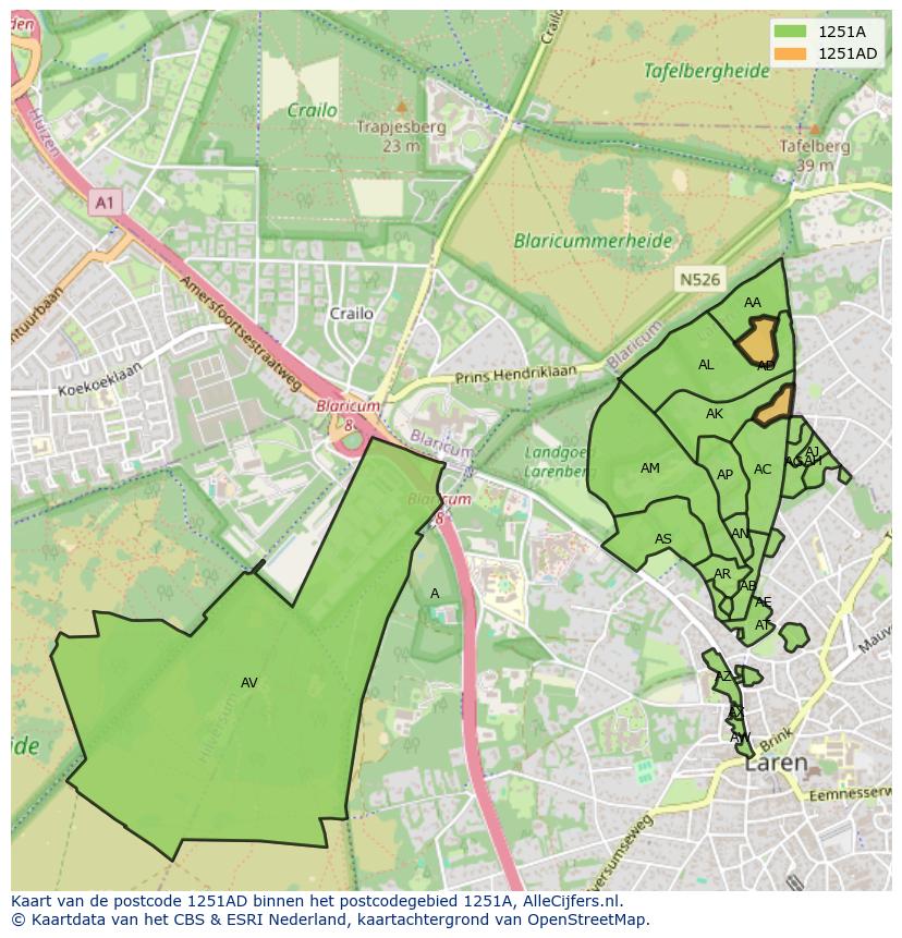 Afbeelding van het postcodegebied 1251 AD op de kaart.