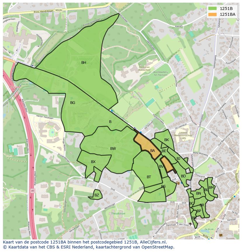 Afbeelding van het postcodegebied 1251 BA op de kaart.