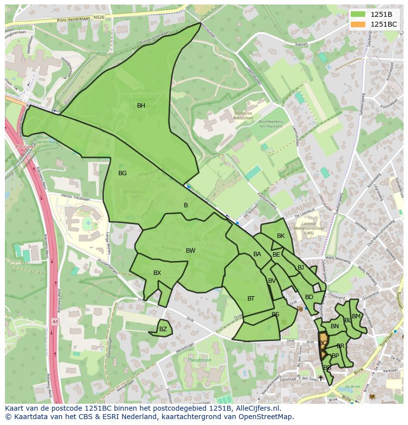 Afbeelding van het postcodegebied 1251 BC op de kaart.