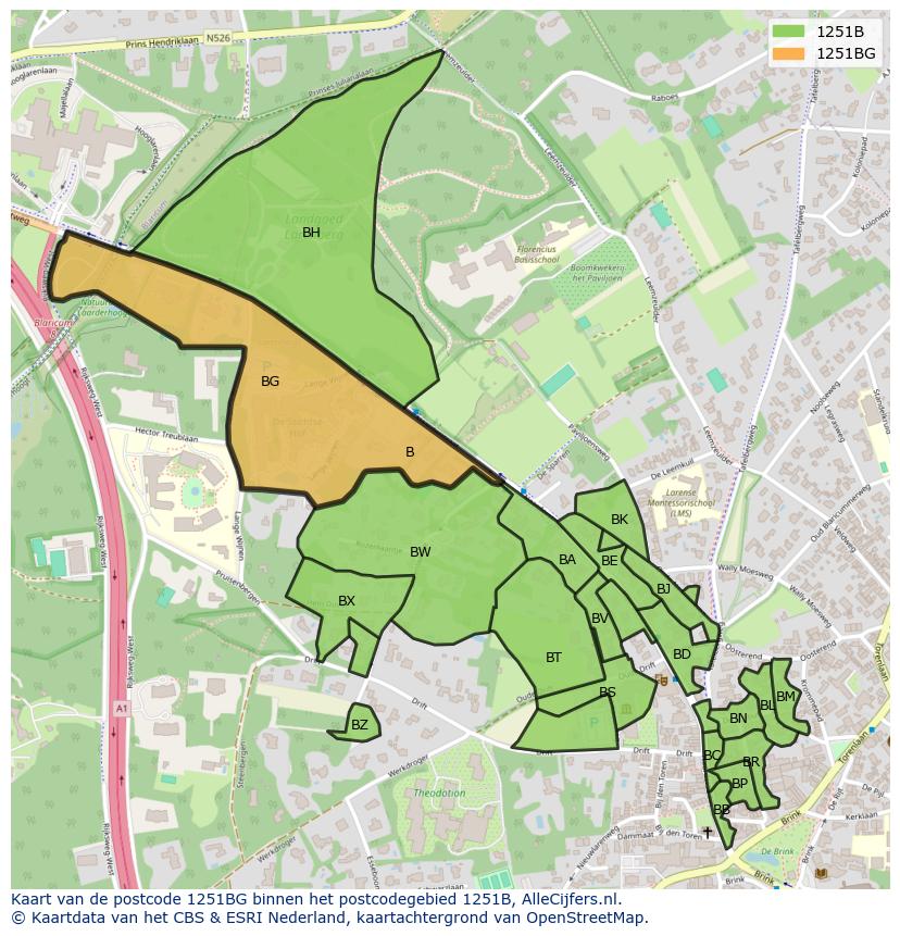 Afbeelding van het postcodegebied 1251 BG op de kaart.