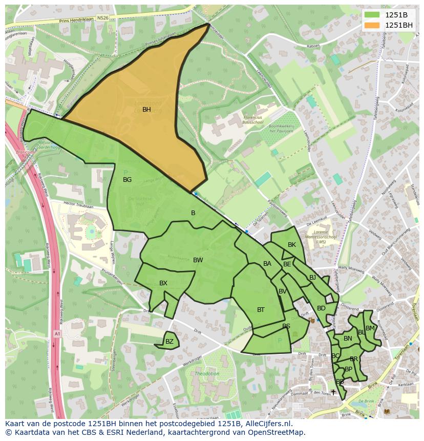 Afbeelding van het postcodegebied 1251 BH op de kaart.
