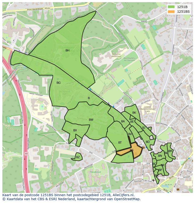 Afbeelding van het postcodegebied 1251 BS op de kaart.