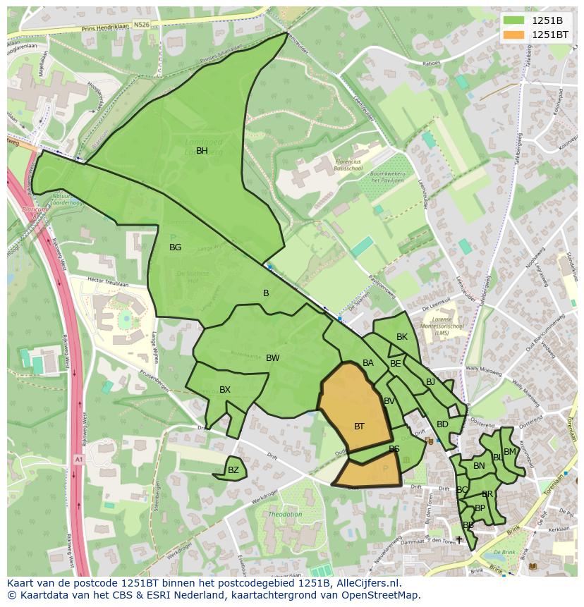 Afbeelding van het postcodegebied 1251 BT op de kaart.