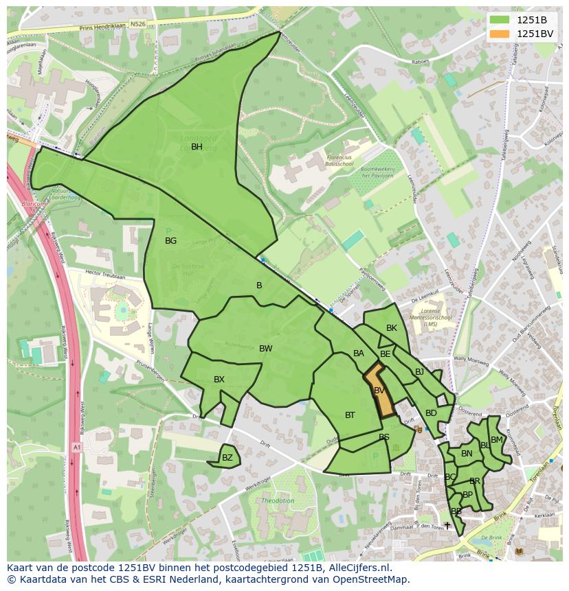 Afbeelding van het postcodegebied 1251 BV op de kaart.