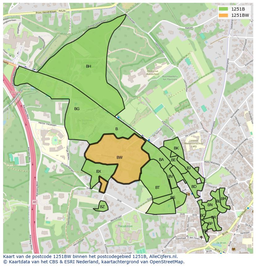 Afbeelding van het postcodegebied 1251 BW op de kaart.