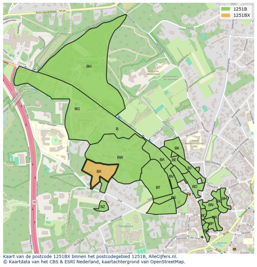 Afbeelding van het postcodegebied 1251 BX op de kaart.