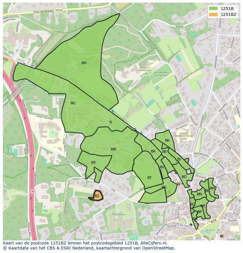 Afbeelding van het postcodegebied 1251 BZ op de kaart.