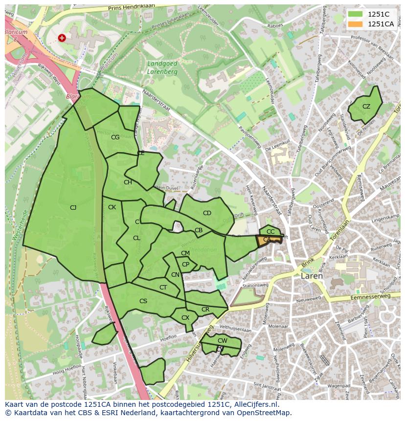 Afbeelding van het postcodegebied 1251 CA op de kaart.