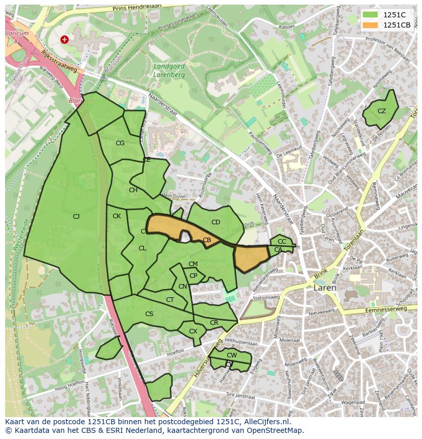 Afbeelding van het postcodegebied 1251 CB op de kaart.