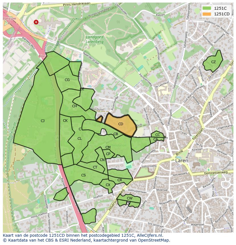 Afbeelding van het postcodegebied 1251 CD op de kaart.
